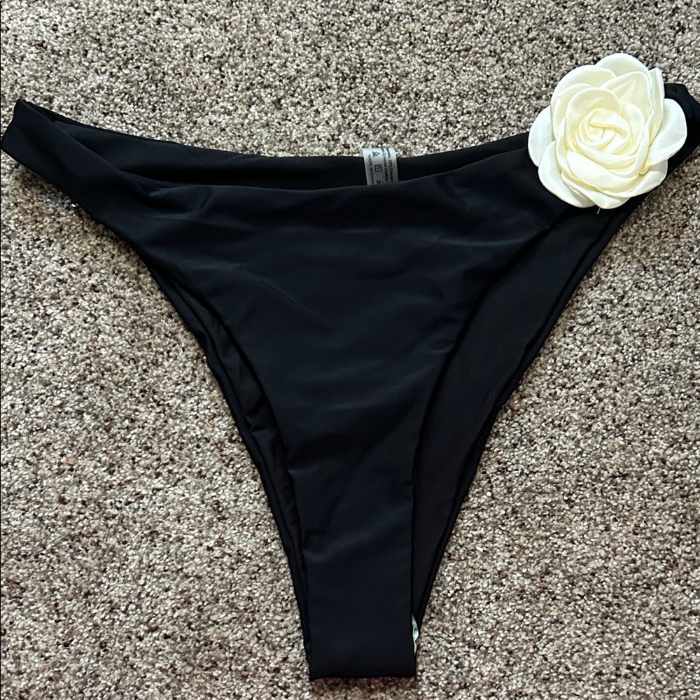 Black Bikini Bottom with Cream Flower Accent